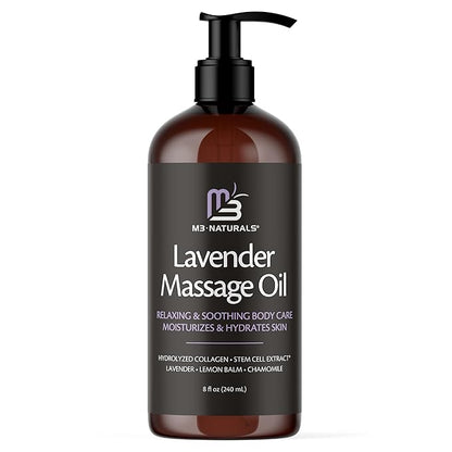 Lavender Massage Oil with Collagen and Stem Cells, Skin Tightening Therapy for Bum, Thighs, and Belly, Fast-Absorbing Cellulite Oil by M3 Naturals