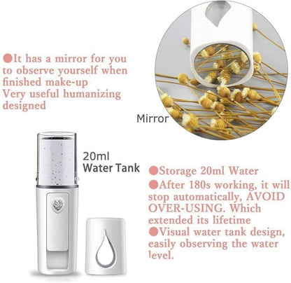 Portable Nano Facial Mister Mini Facial Steamer Atomization Eyelash Extensions with Mirror & 20ml Visual Water Tank (White)
