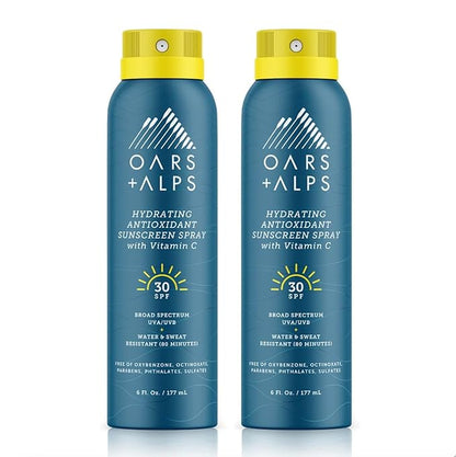 Oars + Alps Hydrating SPF 30 Sunscreen Spray, Infused with Vitamin C and Antioxidants, Water and Sweat Resistant, 6 Oz, 2 Pack