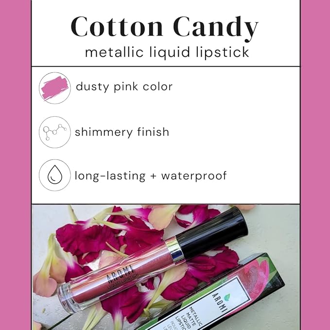 Aromi Metallic Liquid Lipstick | Light Pink Lip Color with Shimmery Finish, Vegan & Cruelty-free, Long-Lasting Lipstick, Waterproof (Cotton Candy)