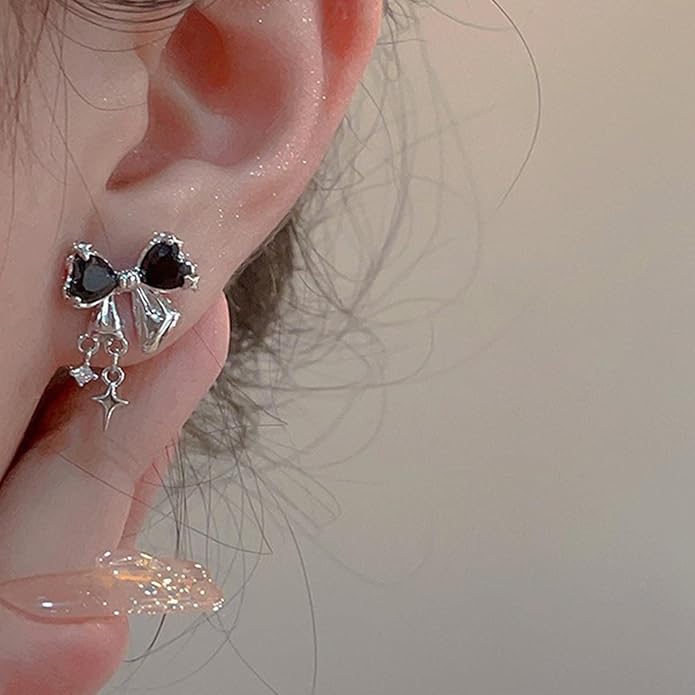 Vintage Crystal Bow Earrings Black Onyx Stud Earrings