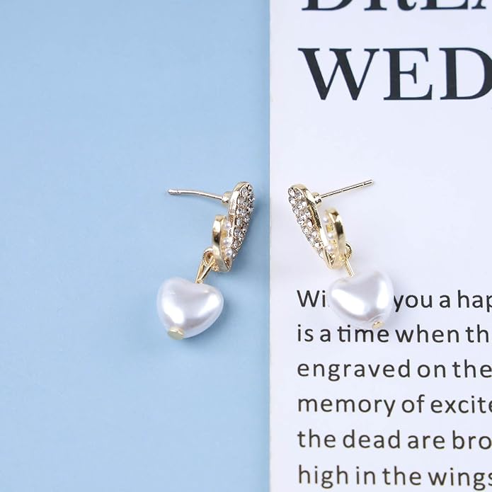 Vintage Pearl Heart Drop Earrings Rhinestone