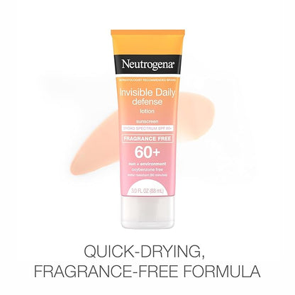 Neutrogena Invisible Daily Defense Fragrance-Free Sunscreen Lotion, Broad Spectrum SPF 60+, Oxybenzone-Free & Water-Resistant, Sun & Environmental Aggressor Protection, 3.0 fl. oz