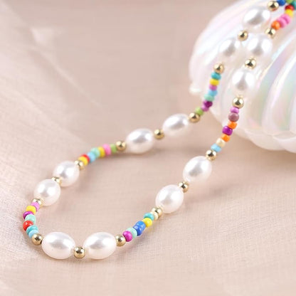 Boho Pearl Choker Necklace Vintage Blue