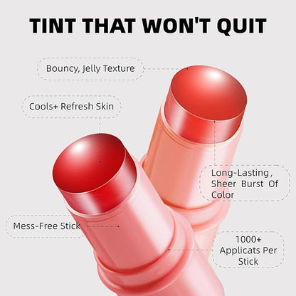 Cooling Water Jelly Tint, Makeup Lip Tint Jelly Blush Stick, Jelly Blush Stick Lip Stain, Sheer Lip & Cheek Stain, 1,000+ Swipes Per Stick, Vegan, Cruelty Free (Coral Color)