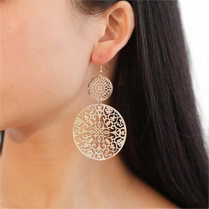 Filigree Hollow Disc Dangle Drop Earrings Boho Gold