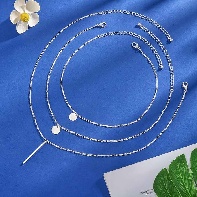 Boho Layered Necklaces Sequins Disc Silver