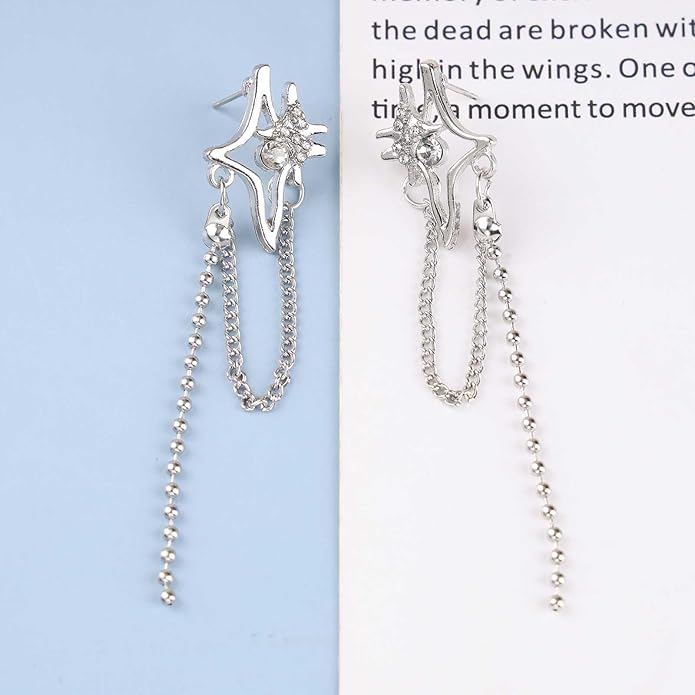 Vintage Crystal Northstar+Chain Drop Earrings Silver