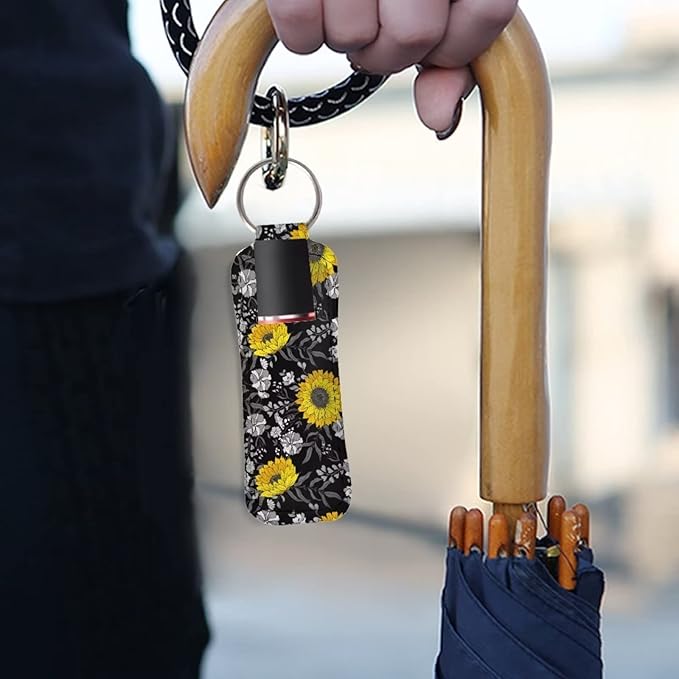 Bulopur Black Yellow Sunflower Chapstick Keychain Holder Lip
