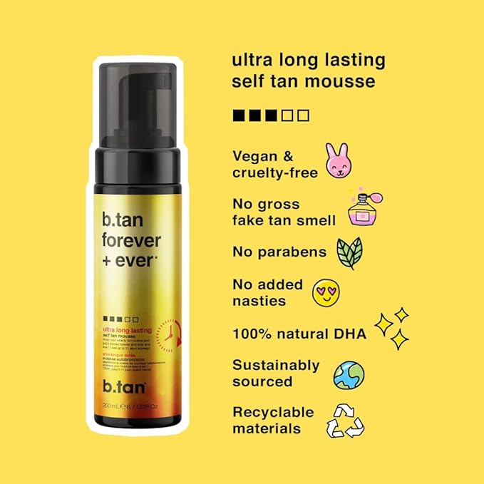 b.tan Ultra Long Lasting Self Tanner | Forever & Ever - Lasts Up to 11 Days, Fast Self Tanning, 1 Hour Sunless Tanner Mousse, No Fake Tan Smell, No Added Nasties, Vegan, Cruelty Free, 6.7 Fl Oz