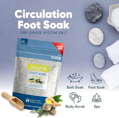 Circulation Foot Soak 128oz (8 Lbs) Epsom Salt Home Spa Soothing Soaks with Natural Ginger and Cypress Essential Oils Plus Vitamin C in BPA Free Pouch with Easy Press Lock Seal Made in USA
