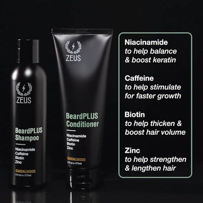 ZEUS BeardPLUS Essential Beard Growth Set, Premium Shampoo & Conditioner Wash and Growth Serum for Thicker & Stronger Facial Hair with Biotin (Made in USA) 3-Piece Set