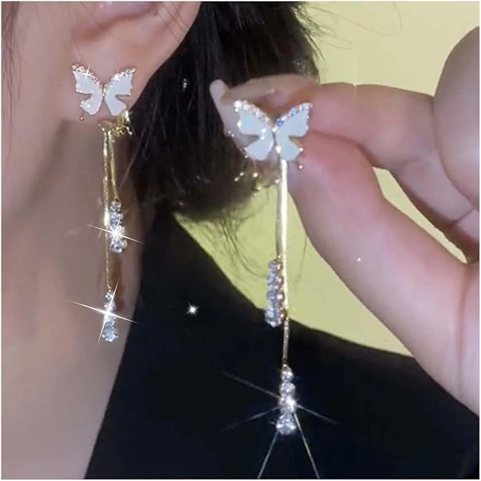 Vintage Crystal Butterfly Earrings Long Rhinestone