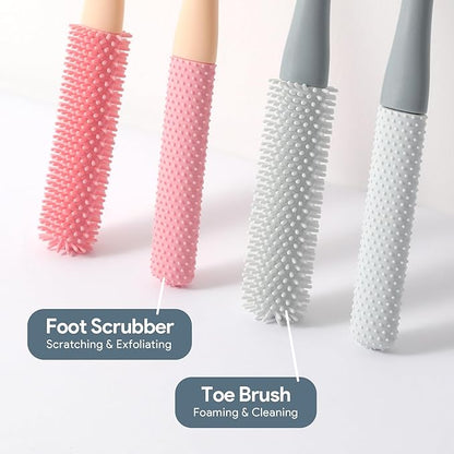 Shower Foot Scrubber Brush, 15.7" Toe Cleaning Brush with 4 Reusable Drying Covers, Long Handle Silicone Bristles Lotion Applicator, No Bending Down Skin Exfoliation Foot Scrub Brushes for Elderly