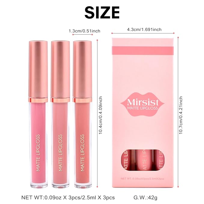 Matte Lip Gloss for Women,3 PCS Matte Liquid Gloss