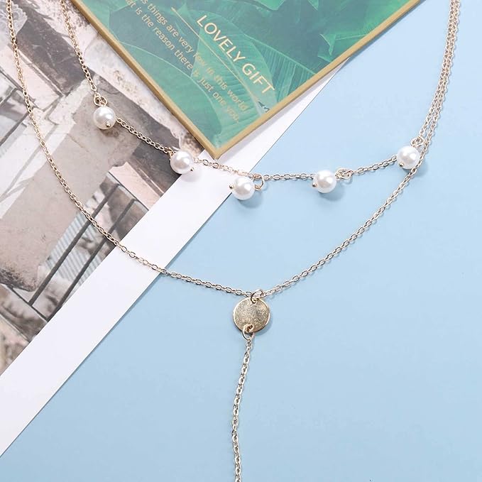 Boho Layered Disc Pearl Necklace Gold