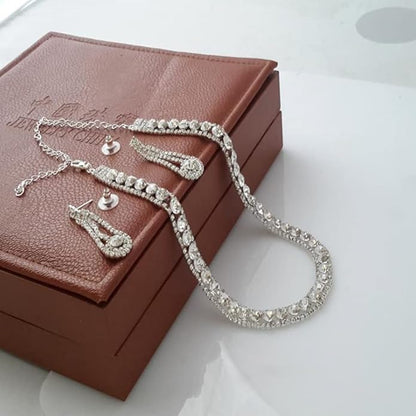Yean Bride Silver Necklace Earrings Set Rhinestone Bridal