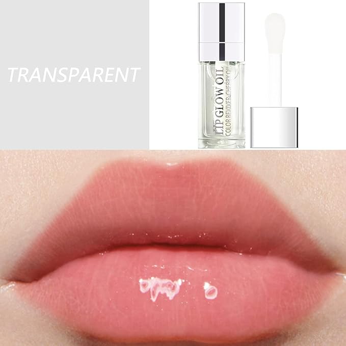 Lip Oil, Hydrating Lip Gloss Tinted Lip Balm Transparent Lip Care, Big Brush Head Glitter Shine, Long Lasting Nourishing Non-sticky Fresh Texture, Transparent+Champagne Gold