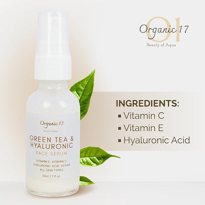 Hyaluronic Acid & Green Tea Face Serum – Anti-Aging Hydrating Serum with Vitamins C + E for Glowing Skin, Vegan & Cruelty-Free for All Skin Types – 30ml