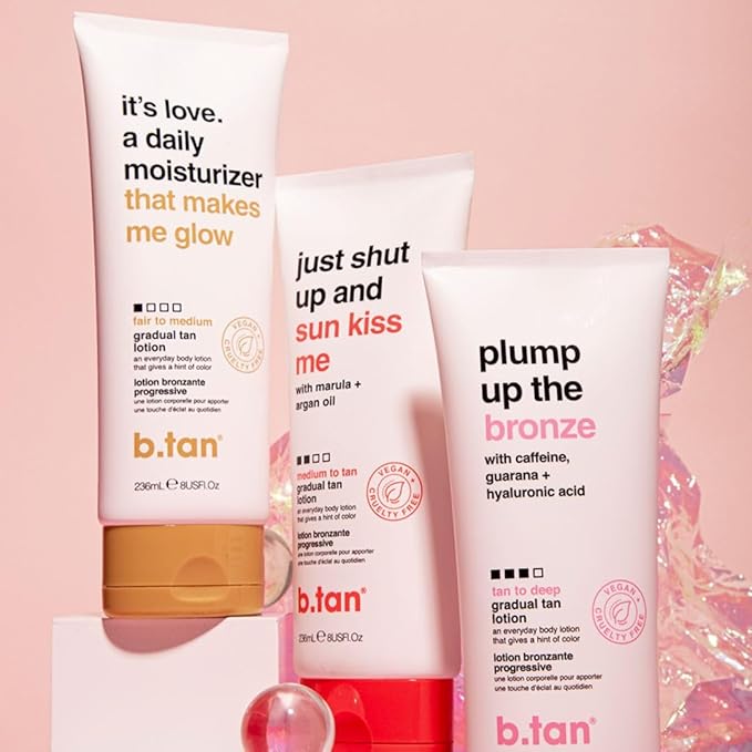 b.tan Medium Gradual Self Tanning Lotion | Just Shut Up and Sun Kiss Me Everyday Glow Lotion - Develop a Bronzed Glow, Infused With Marula + Argan Oil, Vegan, Cruelty & Paraben Free, 236ml