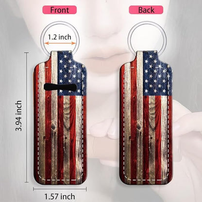 Chapstick Holder Keychain Holder Neoprene Lip Balm Lipstick Lip Gloss Holder Travel Accessory for Girls Women Gift(Retro Wood American Flag)