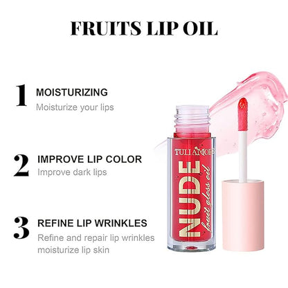 Color Change Plumping Lip Oil Set, Mirror Lip Gloss for Lip Care, Fruit Flavour Natural Hydrating Lip PlumperLip Glow Oil Toot Lip Oil, Nourishing, Non-sticky