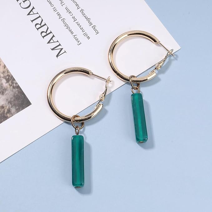 Boho Rectangle Green Jade Earrings Green Marbled Earrings