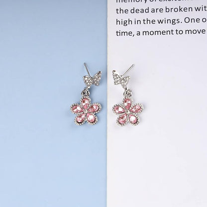 Vintage Pink Crystal Flower Earrings Butterfly