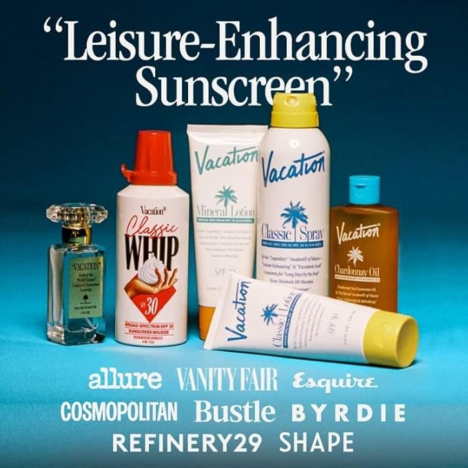 Vacation Classic Sunscreen Lotion SPF 30 + Air Freshener Bundle, Water Resistant Broad Spectrum Sunscreen Sun Block, Vegan Sun Tanning Lotion, Body Lotion with SPF, SPF 30 Sunscreen, 3.4 Fl. Oz.