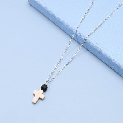 Boho Cross Pendant Necklace Black Lava Bead Choker