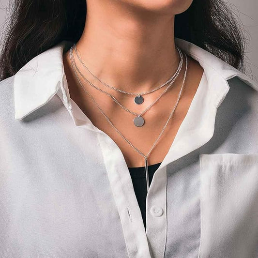 Boho Layered Necklaces Sequins Disc Silver