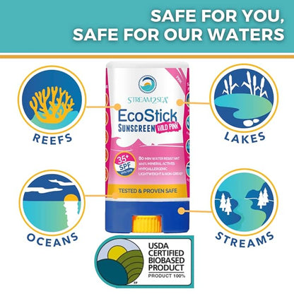 STREAM2SEA EcoStick SPF 35 Mineral Sunscreen Stick, Sweat Water Resistant Sunblock, USDA Approved Biodegradable Paraben Free Reef Safe Sunscreen Protection Against UVA UVB (EcoStick WildPink) - 0.5 oz