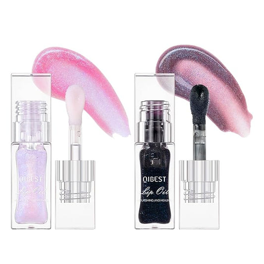 2Pcs Color Changing Lip Oil, Magic Color Changing Lip Glow Oil with Big Brush, Moisturizing and Non-sticky Lip Gloss Plumping Lip Oil (2, Pink + Magic Black)