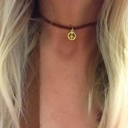 Boho Peace Choker Necklace Black Cord Circle Necklace