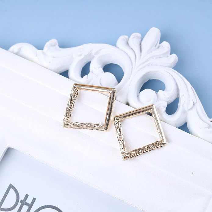 Vintage Hammered Square Drop Earrings Gold Hollow Square