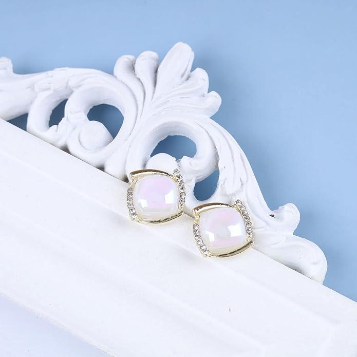 Vintage Crystal Square Earrings Moonstone Square
