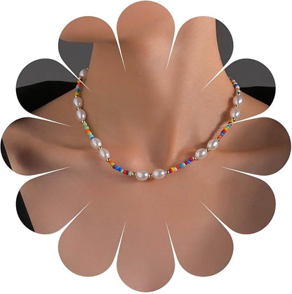 Boho Pearl Choker Necklace Vintage Blue