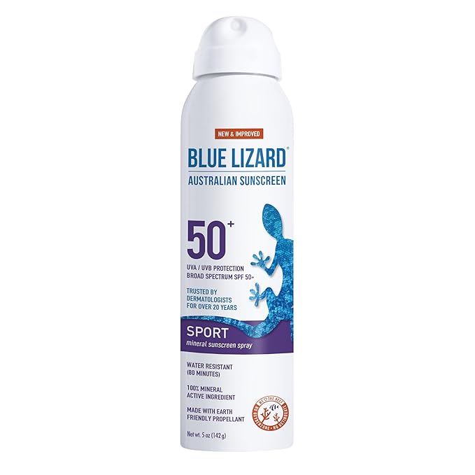 BLUE LIZARD Sport Mineral Sunscreen Spray SPF 50+, Dermatologist-Recommended Brand, Broad-Spectrum UVA/UVB Protection, Water-Resistant, Zinc Oxide Formula, Vegan, 5 fl oz (Pack of 2)