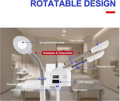 Professional Facial Steamer 3 in 1 Steamer for Face with Hot & Cold Nozzle 5X LED Magnifying Lamp Facial Steamer for Esthetician Beauty Face Equipment Use at Home or Salon