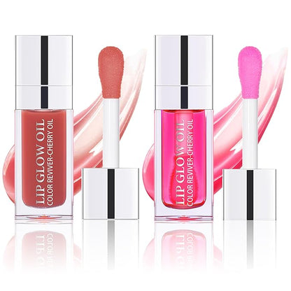 Plumping Lip Oil, Hydrating Lip Gloss Tinted Lip Balm Transparent Lip Care, Big Brush Head Glitter Shine, Long Lasting Nourishing Non-sticky Fresh Texture, Rosewood+Raspberry