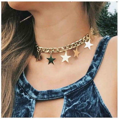 Boho Star Dangle Choker Necklace Gold Chunky Curb