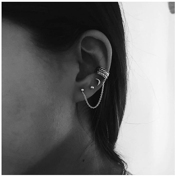 Bohemia Moon Cuff Chain Earrings Silver Chain Climber