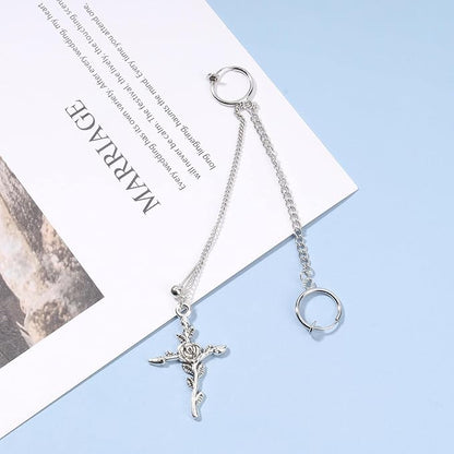 Cross Chain Cuff Earrings Silver Cross