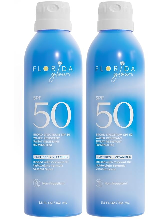 Florida Glow SPF 50 Sunscreen Spray- Hawaii 104 Reef Act & Florida Keys Compliant Broad Spectrum Water Resistant Sport Sun screen - Child Friendly PABA Free & Oxybenzone Free (5.5 Fl Oz 2-pack)
