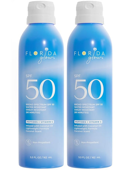 Florida Glow SPF 50 Sunscreen Spray- Hawaii 104 Reef Act & Florida Keys Compliant Broad Spectrum Water Resistant Sport Sun screen - Child Friendly PABA Free & Oxybenzone Free (5.5 Fl Oz 2-pack)