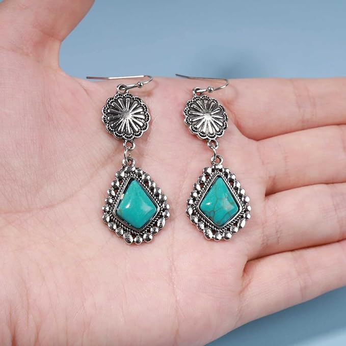 Boho Oval Turquoise Earrings Silver Circle Dangle Drop