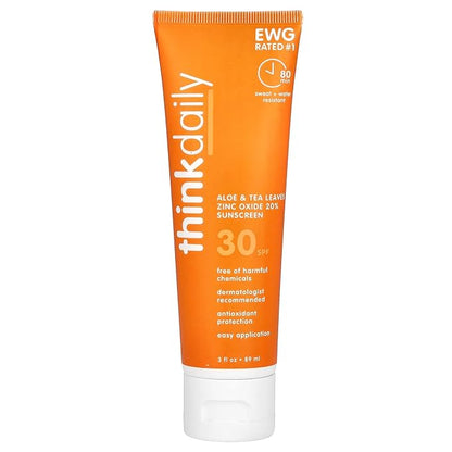 Thinkdaily Mineral Sunscreen, SPF 30 Zinc Oxide Sunscreen with Aloe & Tea Leaves, 3 Fl Oz, Natural, Water Resistant Reef Safe Sunscreen, Broad Spectrum UVA/UVB Sun Screen for Sun Protection