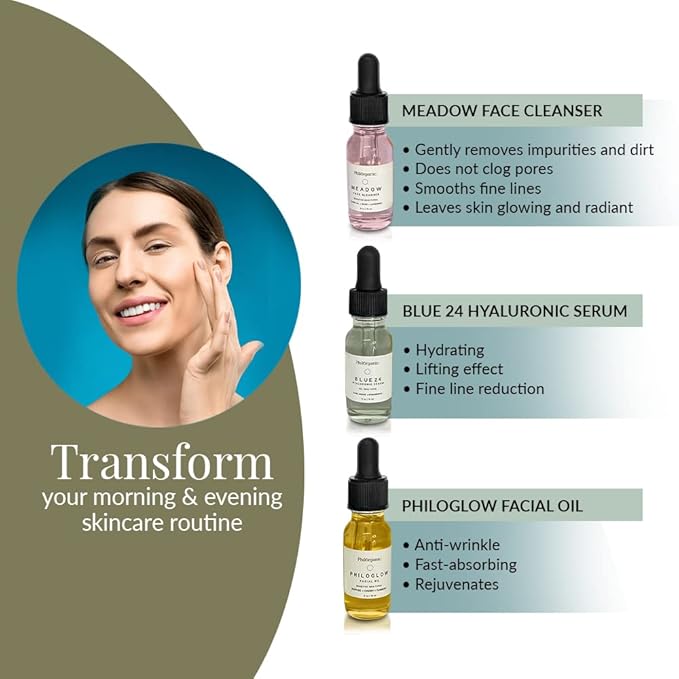 Philorganic Sustainable Facial Care Kit- Organic Trio Set- Cleanser, Hyaluronic Serum, & Oil - Self-Care Spa Moment & Gift - Small Batch USA Made