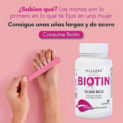 Suplemento de biotina - Pastillas para la caída del Cabello - Crecimiento del Cabello – Crecimiento de la Barba - Alopecia y calvicie - BIOTIN 10.000 MCG 60 CAPSULAS