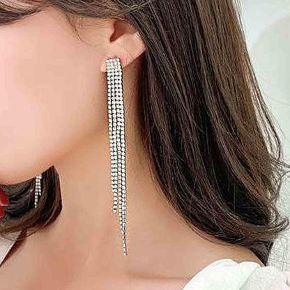Boho Rhinestone Tassel Earrings Long Fringe Drop Dangle